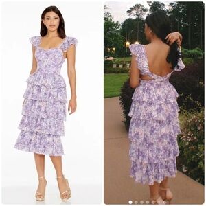 New! Dress the Population Lavender Purple Floral Lace   Tiered Midi 💜Small NWT!